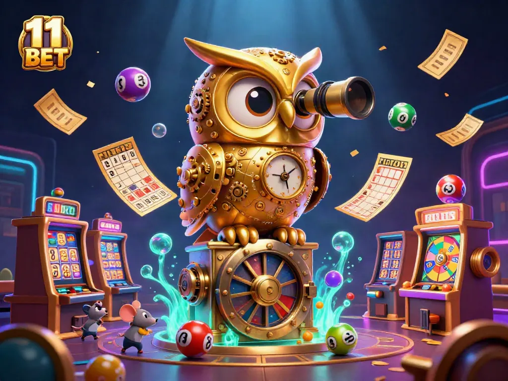 Experience the thrilling world of 11 BET with an imaginative 3D casino scene featuring whimsical characters and dynamic game elements.