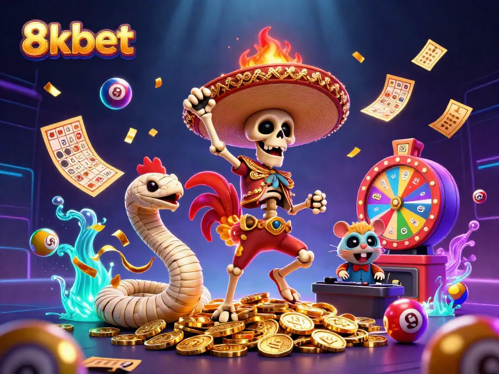 Experience 8xbet’s vibrant scene of a victory dance amidst a cascade of colorful gaming elements.