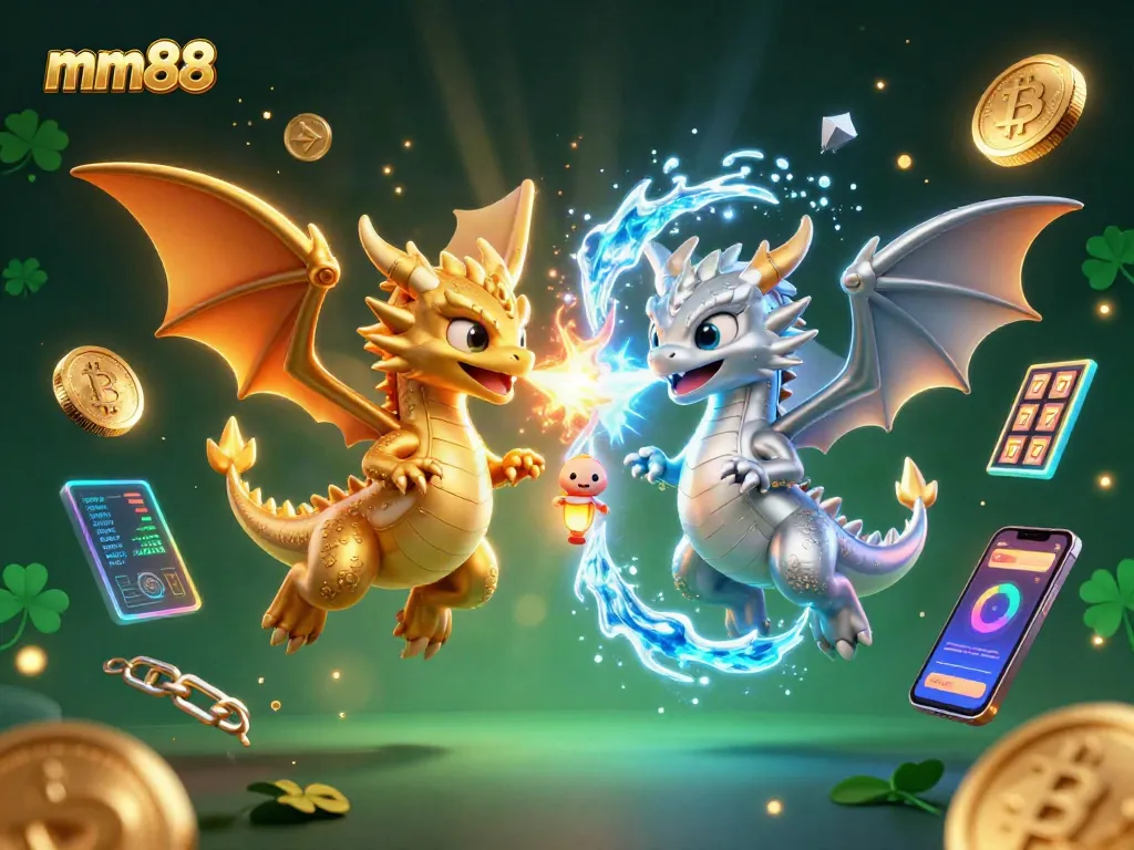Experience the thrilling mm88 gaming realm with dragon synergy in a vibrant 3D casino illustration.