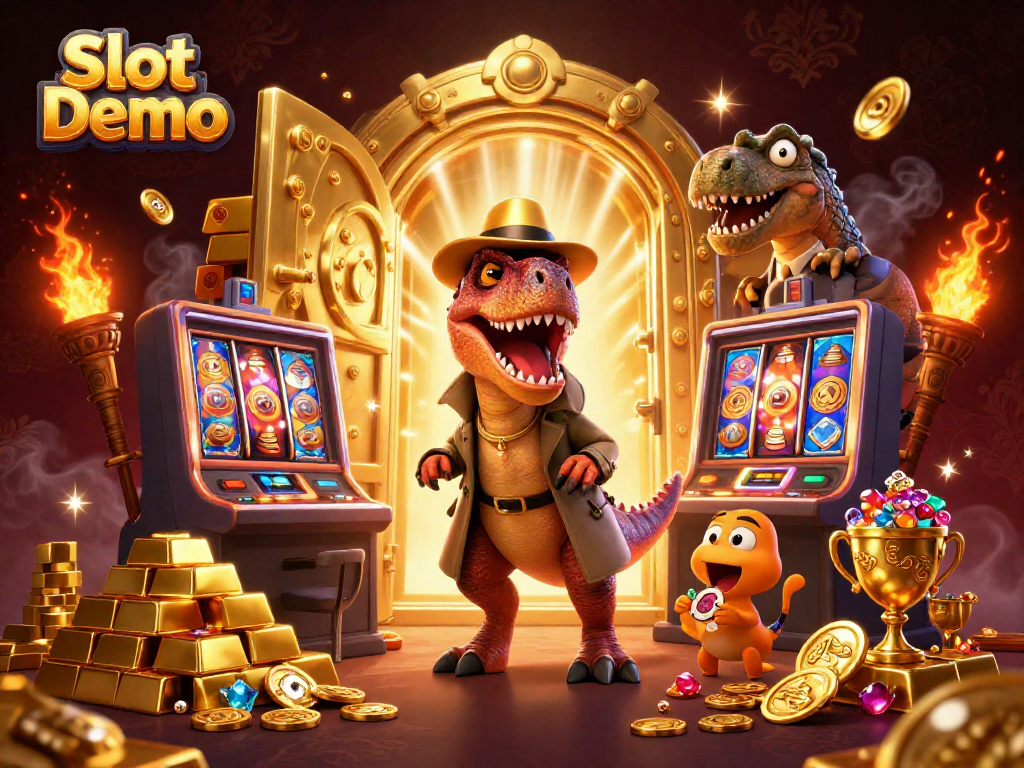 Engaging Slot Demo scene featuring a velociraptor card counter and a stegosaurus pit boss surrounded by gold