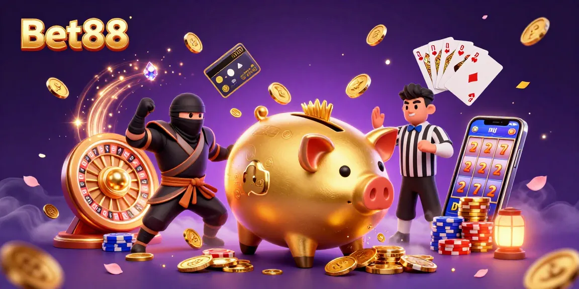 Bet88 offers a thrilling gaming experience with a golden piggy bank wrestler and neon elements.