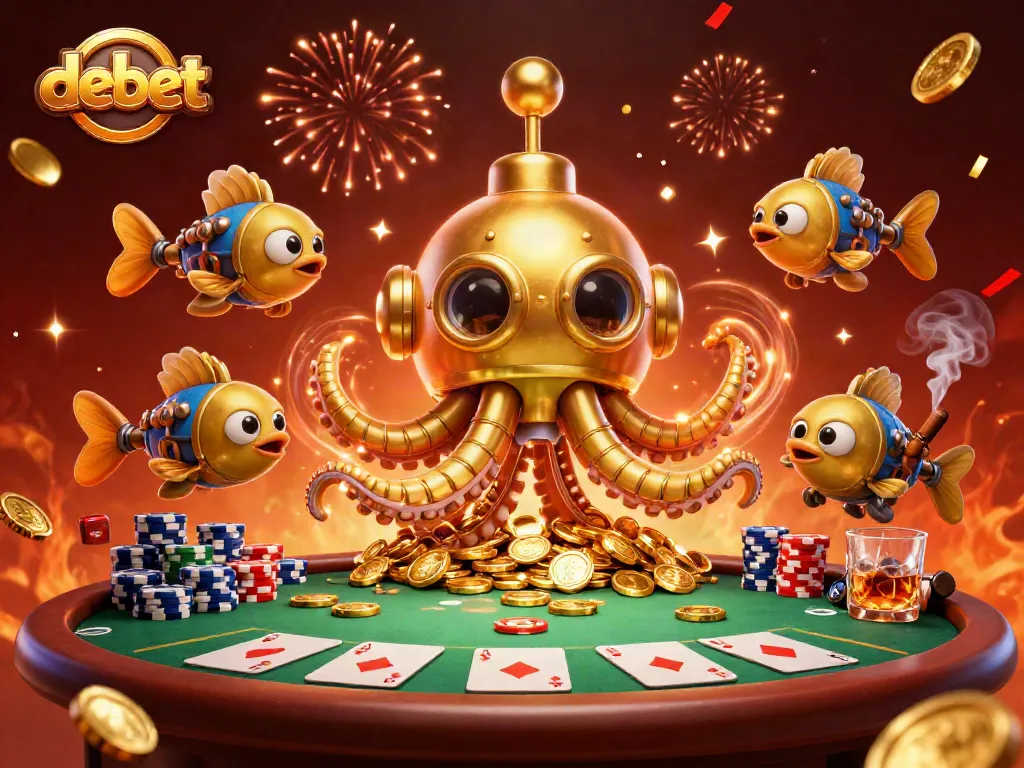 Players engage in thrilling poker action at Debet's casino with a kraken submarine and golden coins.