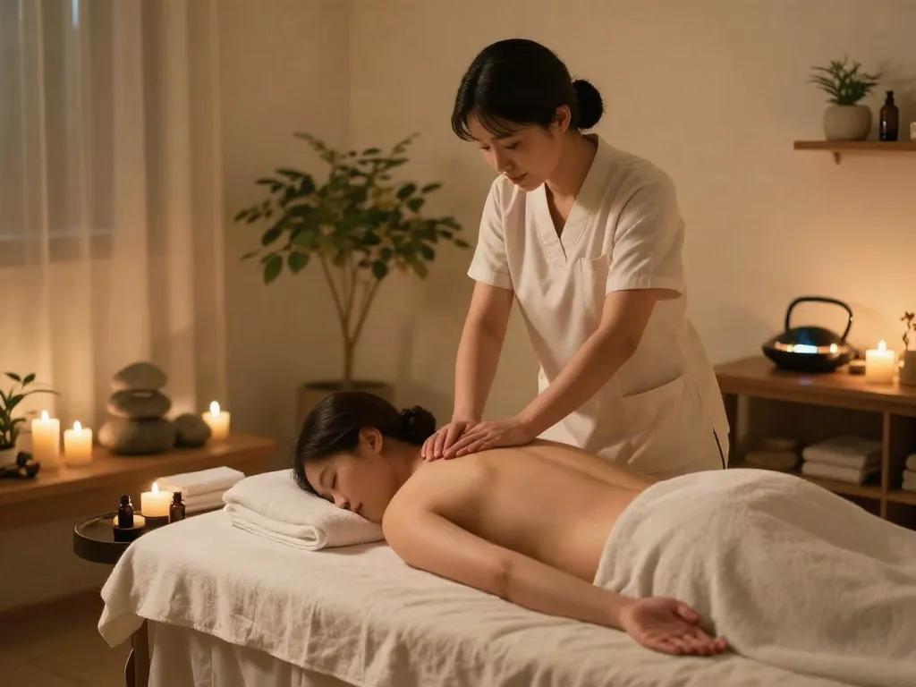 부천출장마사지 performed in a serene home spa environment, with a therapist focusing on relaxation.