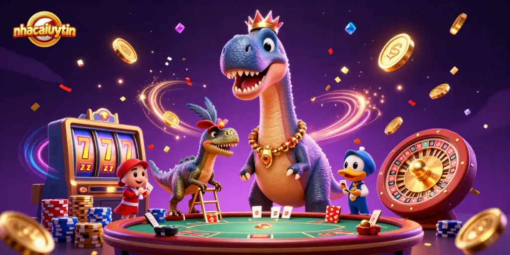 Engage with nhacaiuytin's vibrant casino scene featuring a towering brontosaurus and dynamic slot machines.