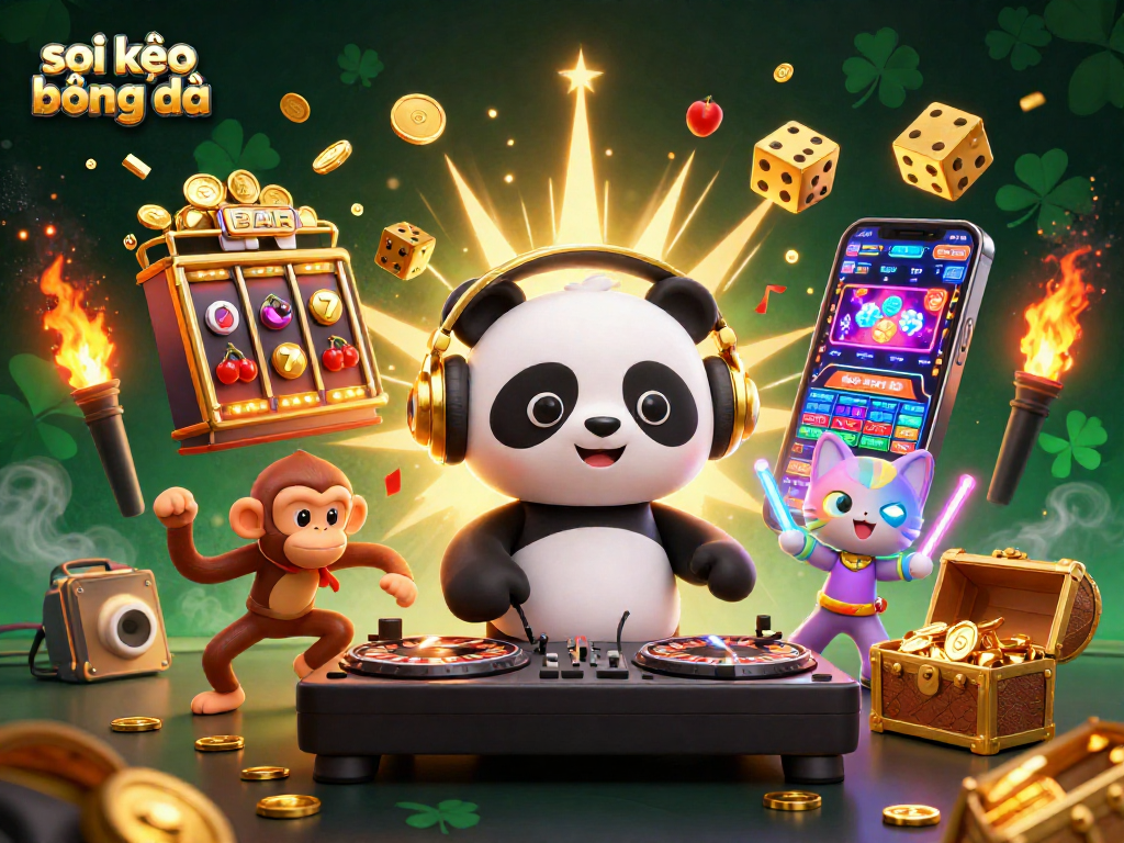 Enjoy thrilling soi kèo bóng đá excitement with DJ panda, dancing monkey, and glowing kitten in vibrant 3D illustration.
