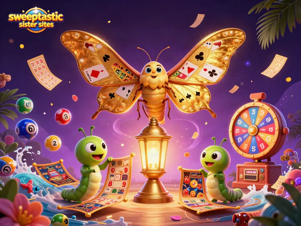 Sweeptastic sister sites highlight vibrant casino elements with a colorful illustration of games and prizes.