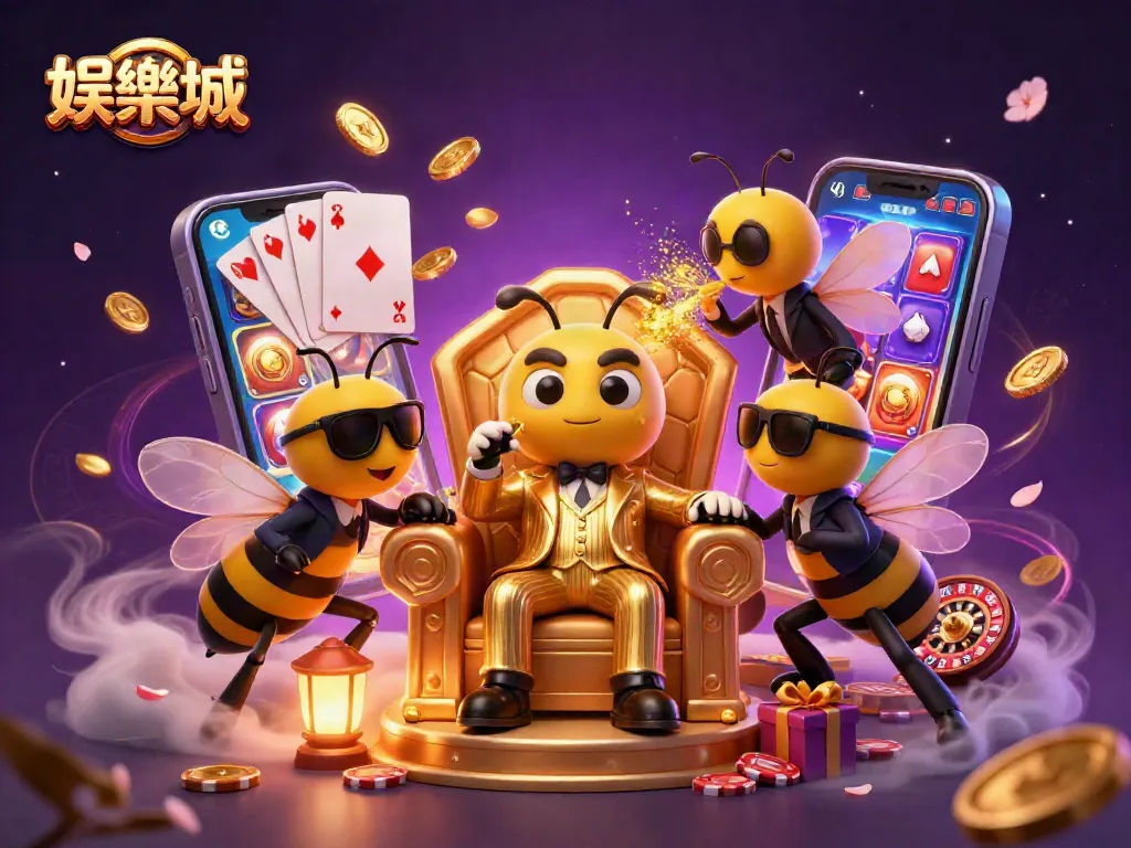 娛樂城的3D卡通場景中,黃蜂保鏢環繞著蜜蜂老大,賭桌與遊戲元素增添氛圍。