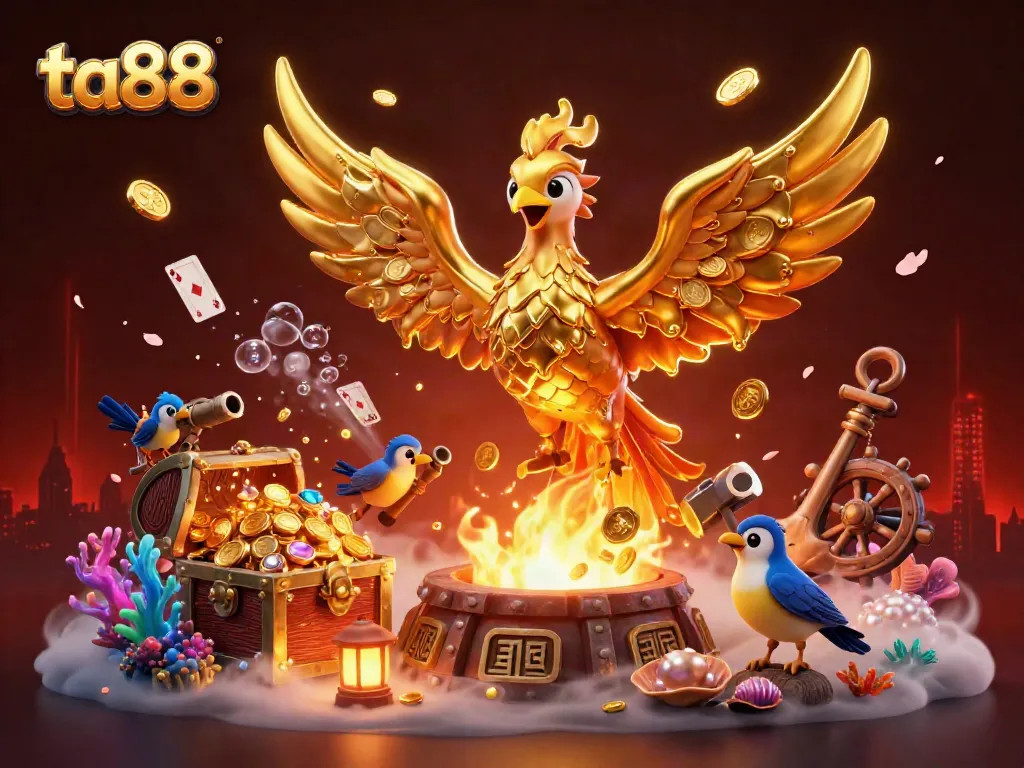 Experience the thrilling world of ta88 with a golden phoenix, coins, and festive casino elements.