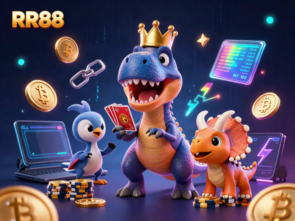 Experience excitement at RR88 with a T-Rex shuffling cards and a baby triceratops stacking chips in a vibrant casino.
