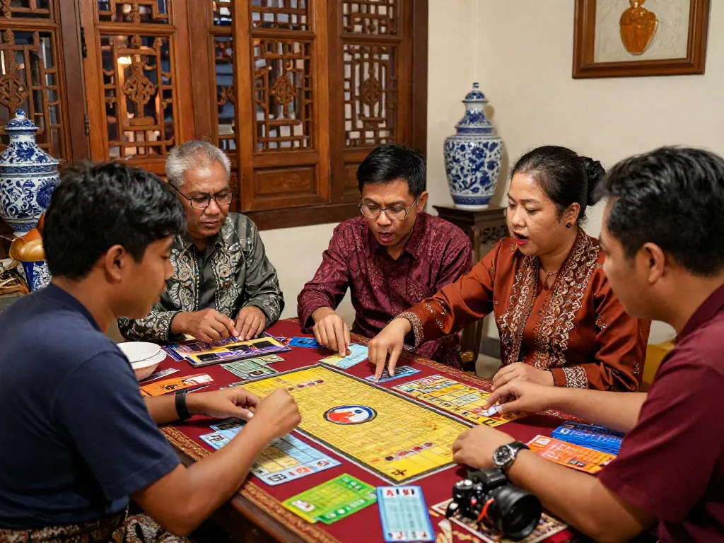Nyonya 4D gathering with friends discussing strategies and colorful betting slips, celebrating cultural richness.