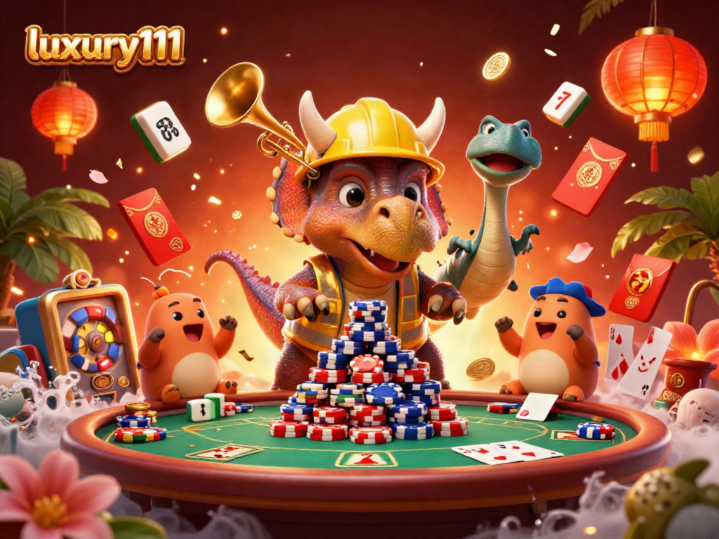 Experience luxury111 in a vibrant casino scene with a 3D triceratops building poker chip pyramids.