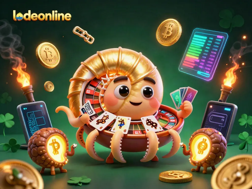 Experience the excitement of lodeonline with a giant nautilus as a roulette wheel surrounded by glowing crypto coins.