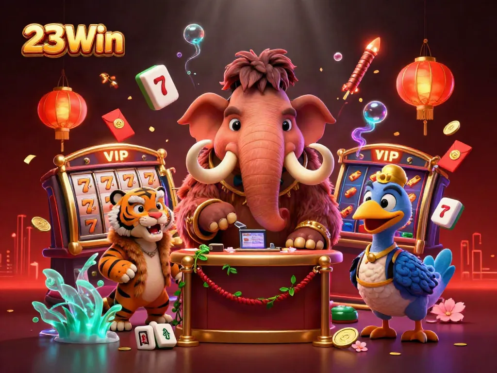 Experience the lively casino atmosphere with 23Win's vibrant characters and exciting game elements in an engaging 3D illustration.
