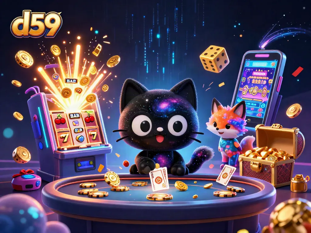 Engage with d59's cosmic slot games, featuring a black hole cat and nebula fox in a vibrant casino scene.