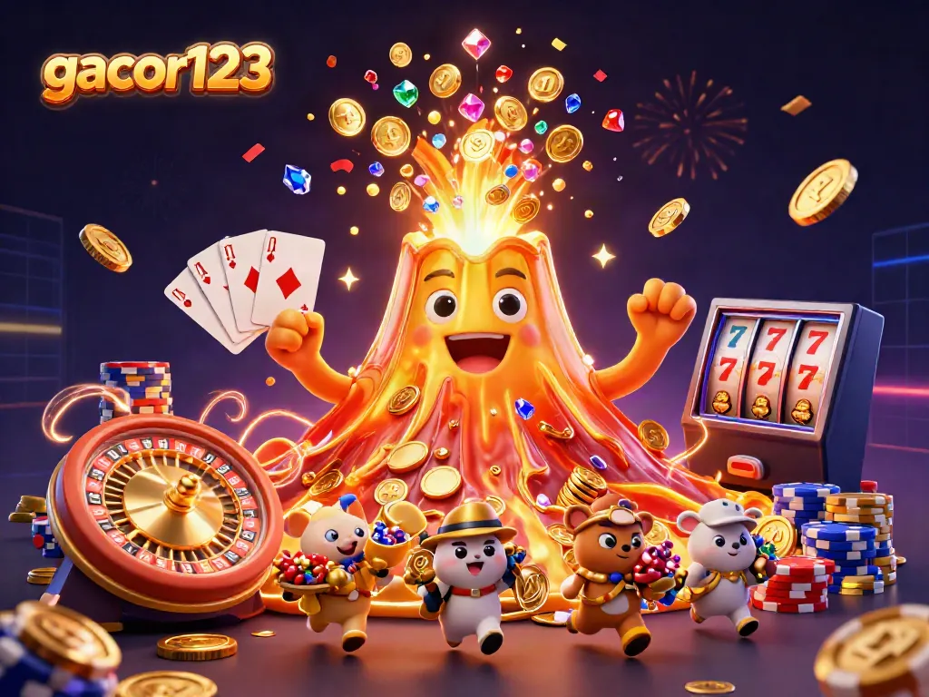 Engage with gacor123's thrilling atmosphere, showcasing a golden volcano erupting coins and treasures in a vibrant casino.