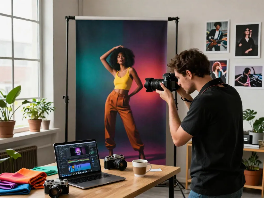 Pengalaman fotografi kreatif BIGHOKI88 dengan model di studio yang elegan.