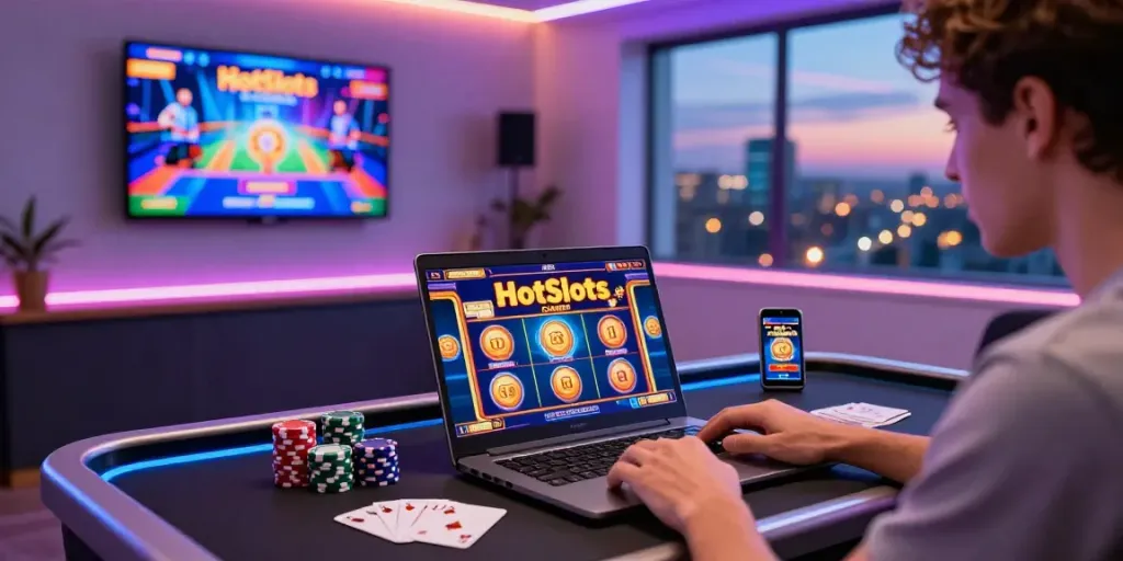 Spieler genießt HotSlots Casino am modernen Gaming-Tisch mit bunten Chips und Bonusangeboten.