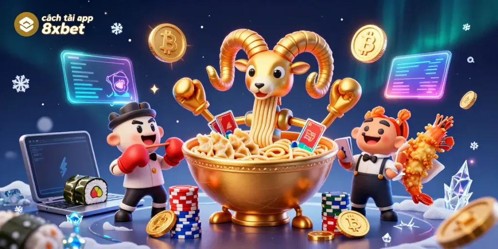 Experience cách tải app 8xbet with vibrant gaming characters and cryptocurrency elements in a lively casino setting.