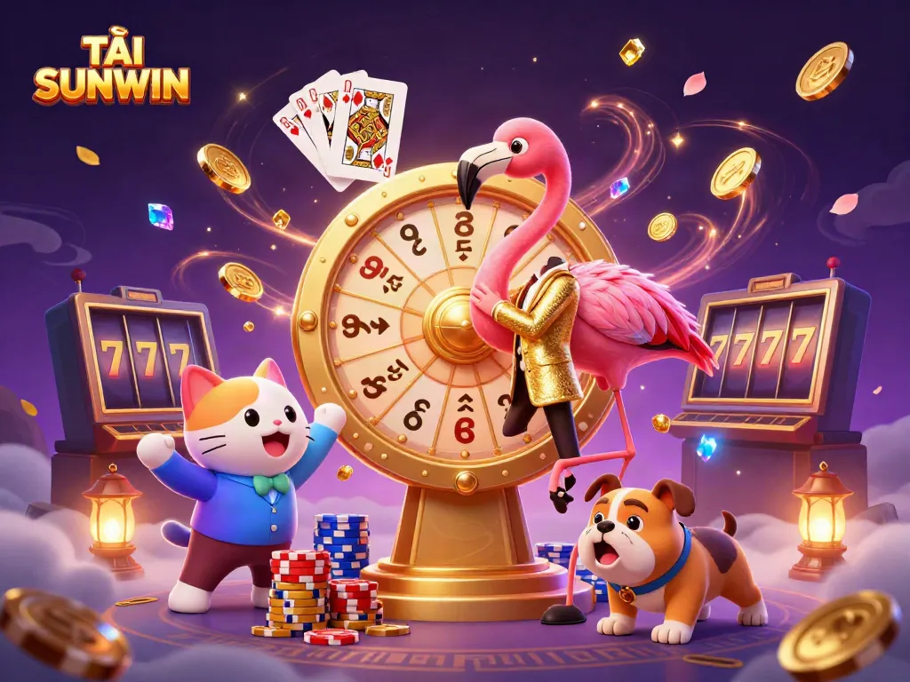 TẢI SUNWIN energetic casino scene featuring a flamingo host spinning a prize wheel surrounded by vibrant game elements.