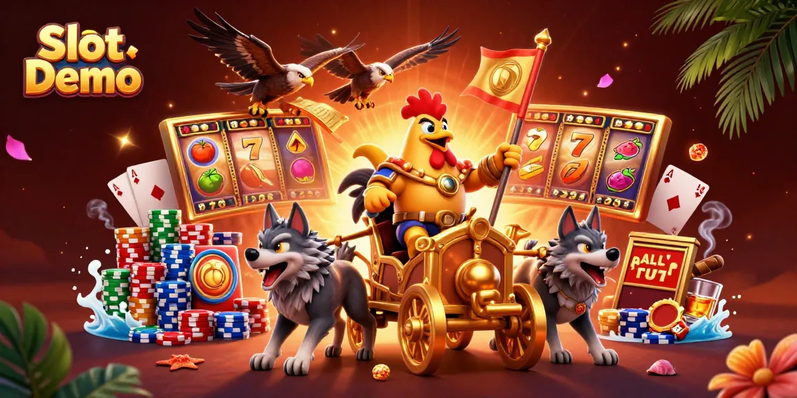 Engage with a vibrant Slot Demo scene, featuring a rooster warlord and slot elements in action.