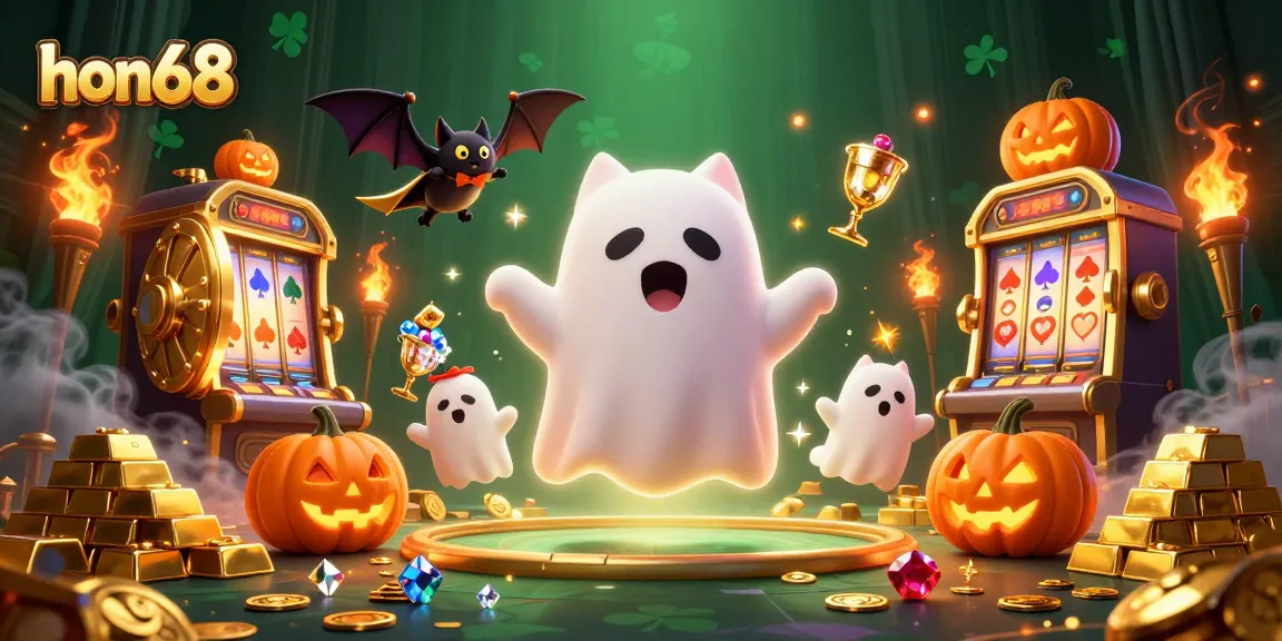 Engage in exciting gameplay at hon68 with a friendly ghost cat and a vampire bat in a vibrant casino scene.