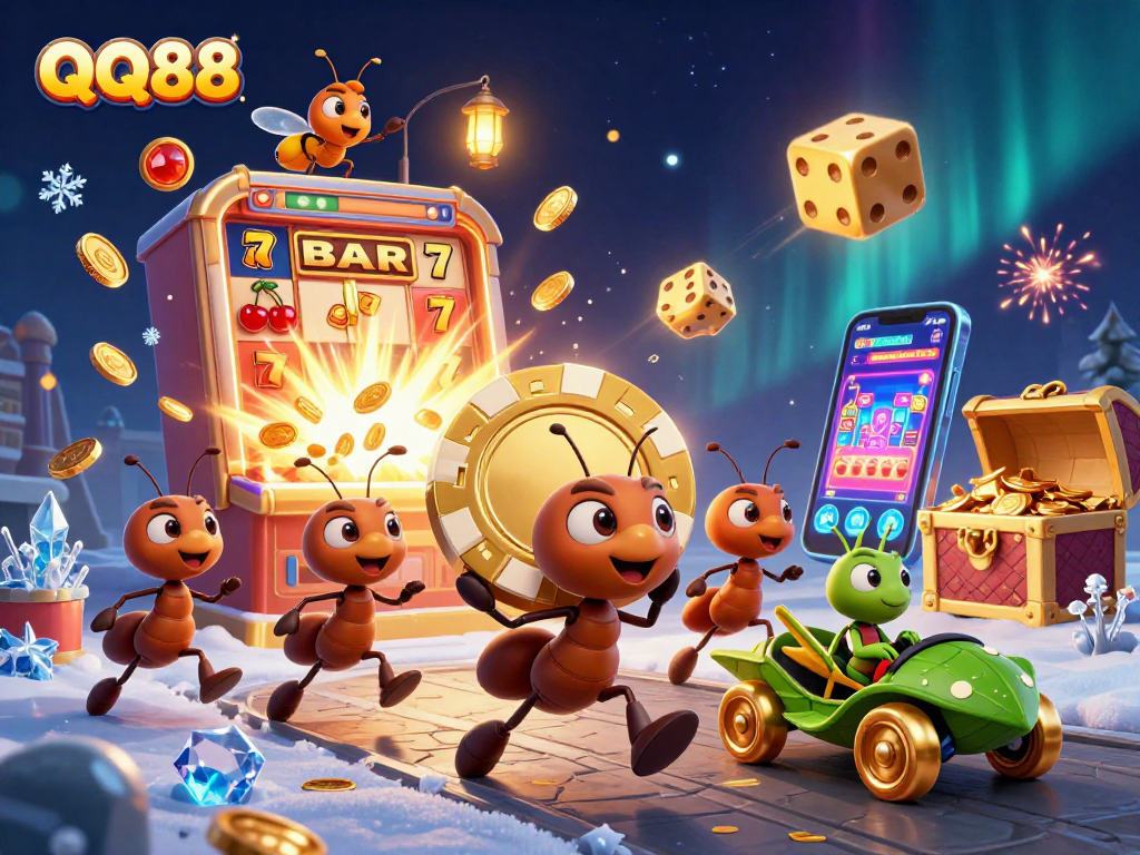 Engage with exciting QQ88 gaming as cartoon ants heist a giant golden poker chip amid slot machines and treasure.