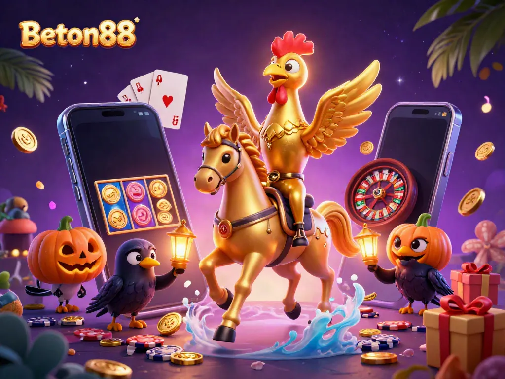 Permainan slot di Beton88 dengan karakter ayam emas dan kuda spektral di kasino malam.