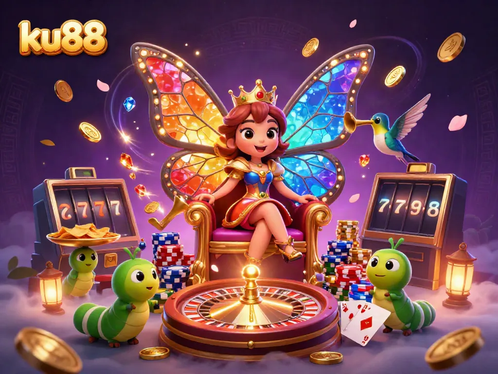 Experience the vibrant world of ku88 with a butterfly queen and dynamic casino elements.