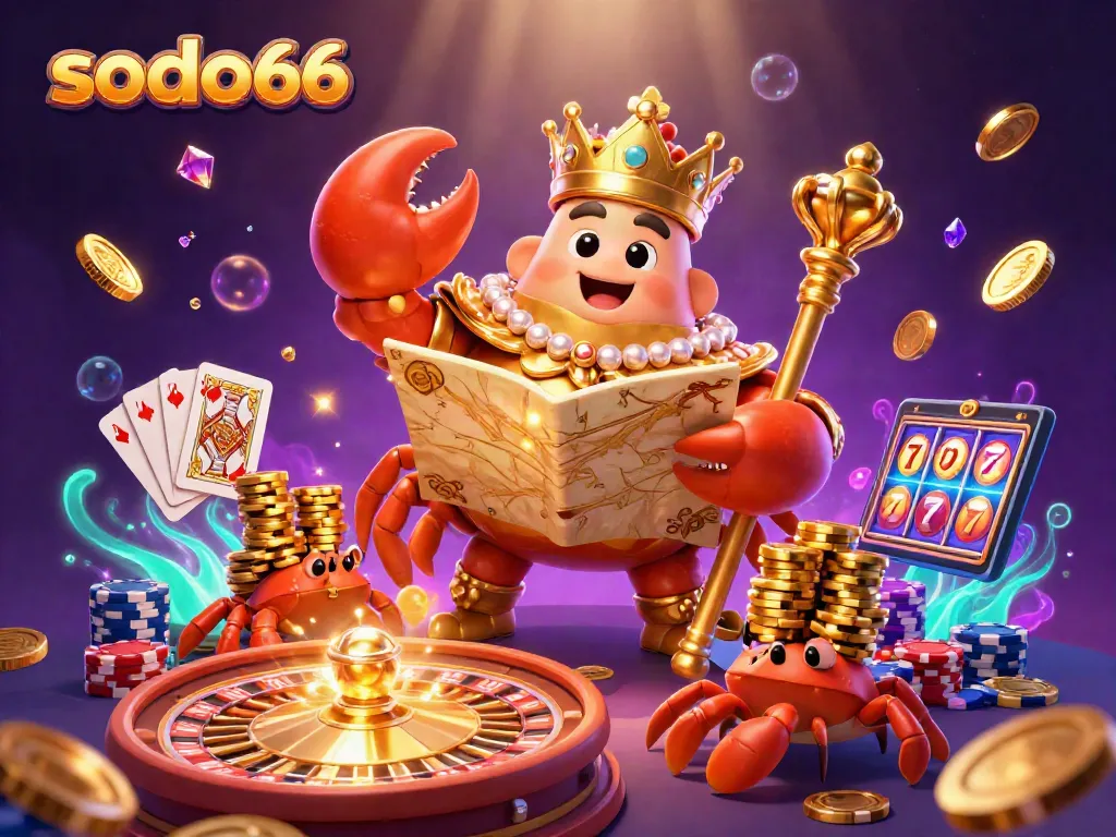 Engage in thrilling casino action with sodo66, featuring a majestic crab emperor in a treasure-filled scene.
